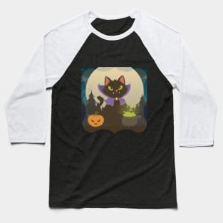 Cat Catoween Dracula Halloween and Pumpkins With Cauldron Baseball T-Shirt